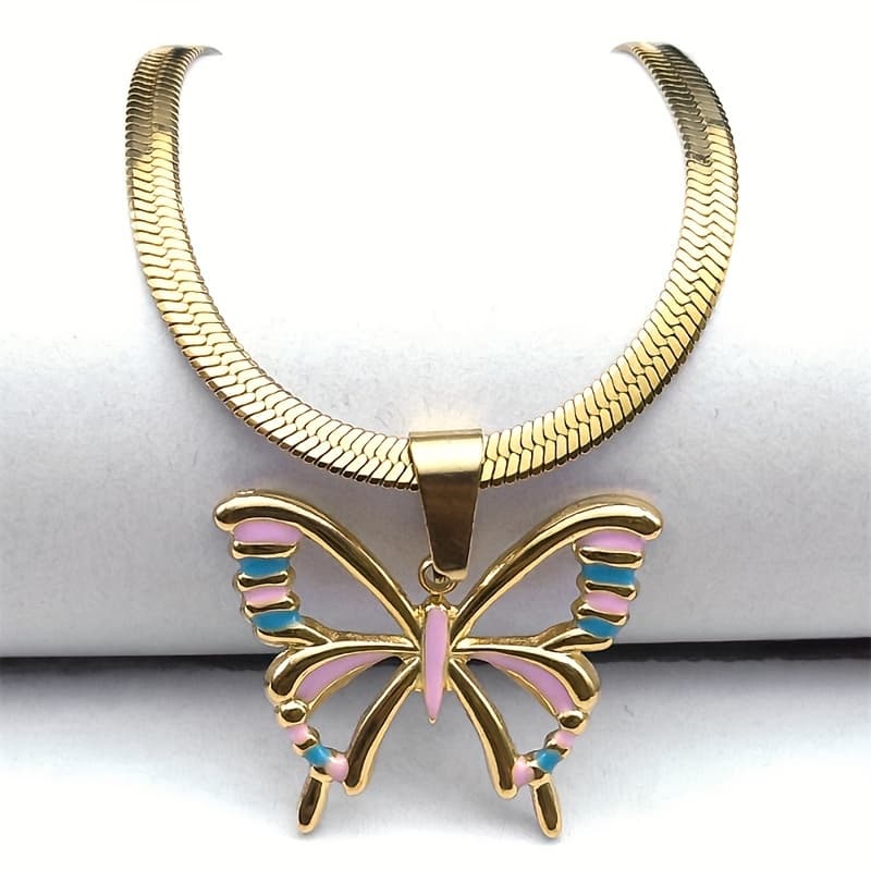 TEMU Buttefly Hollow Enamel Pendant Necklace Women Stainless Steel Golden Color Vintage Insect Choker Necklaces Jewelry Gifts Nzzzs04