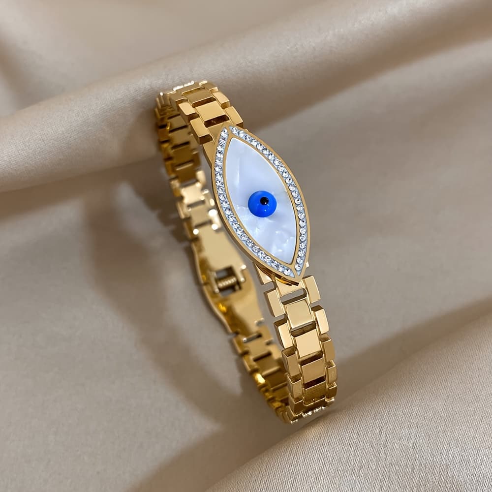 TEMU Stainless Steel Evil Eye Bracelet With Rhinestones- Evil Eye, Stainless Steel Bangle Suitable For Daily Wear &