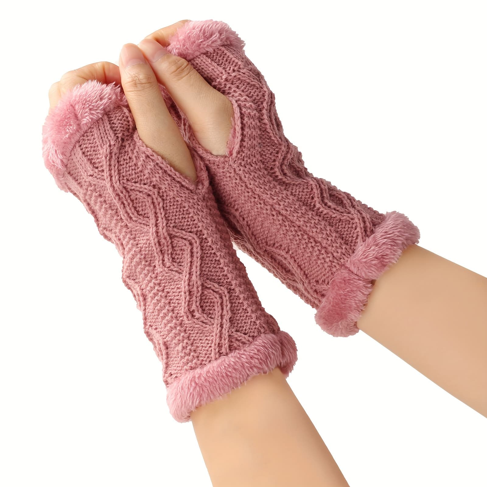 TEMU Solid Color Twist Knit Gloves Short Velvet Lined Warm Fingerless Gloves Winter Thick Warm Wrist Cover