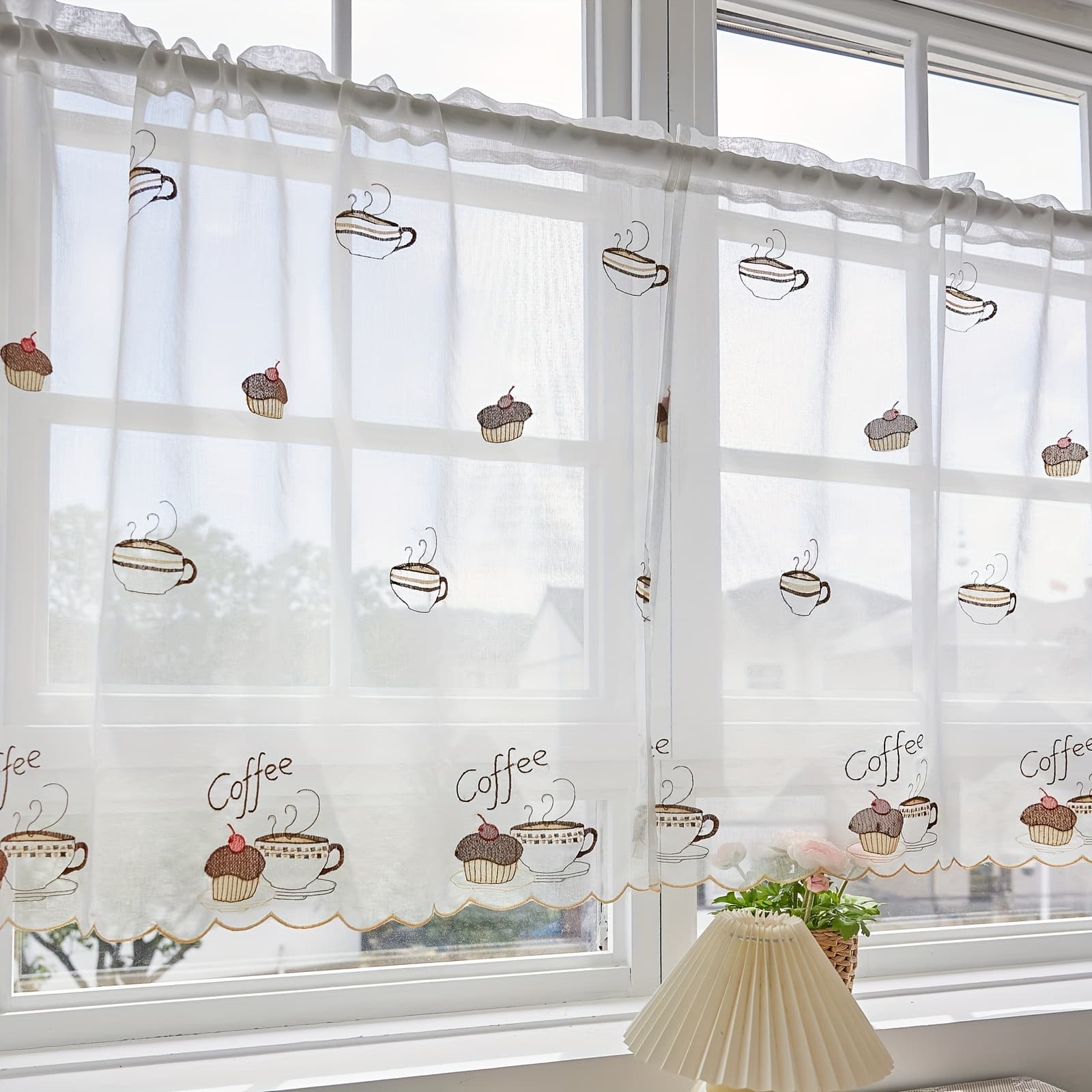 TEMU White Embroidered Cafe Curtain - Translucent, Rod For Kitchen & Living Room Decor