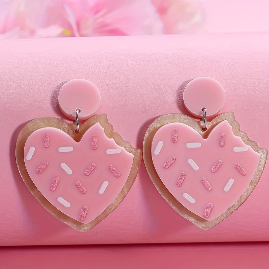TEMU Valentine' Day Cookie Earrings Suitable For Women - Cute Jewelry With Heart-shaped Cookie & Icing/dusting - Wearable Sweet Treat Accessory For Gifts, Birthdays, Weddings