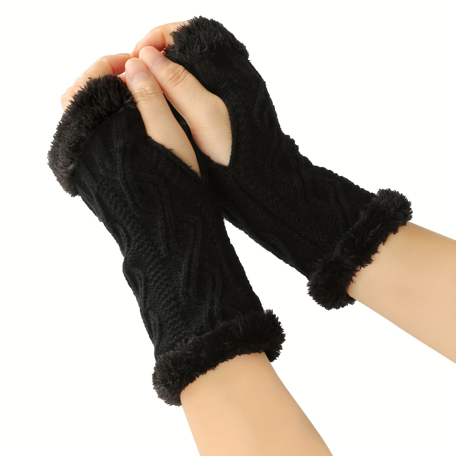 TEMU Solid Color Twist Knit Gloves Short Velvet Lined Warm Fingerless Gloves Winter Thick Warm Wrist Cover