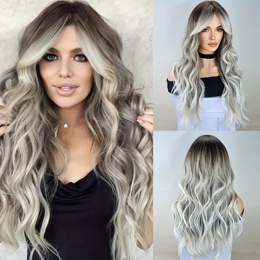 TEMU Long Gray Blonde Synthetic Wig For Women's Blonde Wavy Wig, With Bangs That Look Like Everyday Party High Temperature Wigs