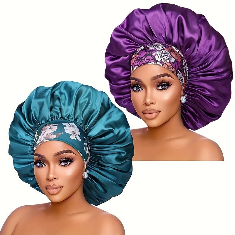 TEMU 2-strip Set Women's Wide Brim Elastic Satin Sleeping Women's Curly Hairs Bonnet Individual Women's Shower Skin- Hat