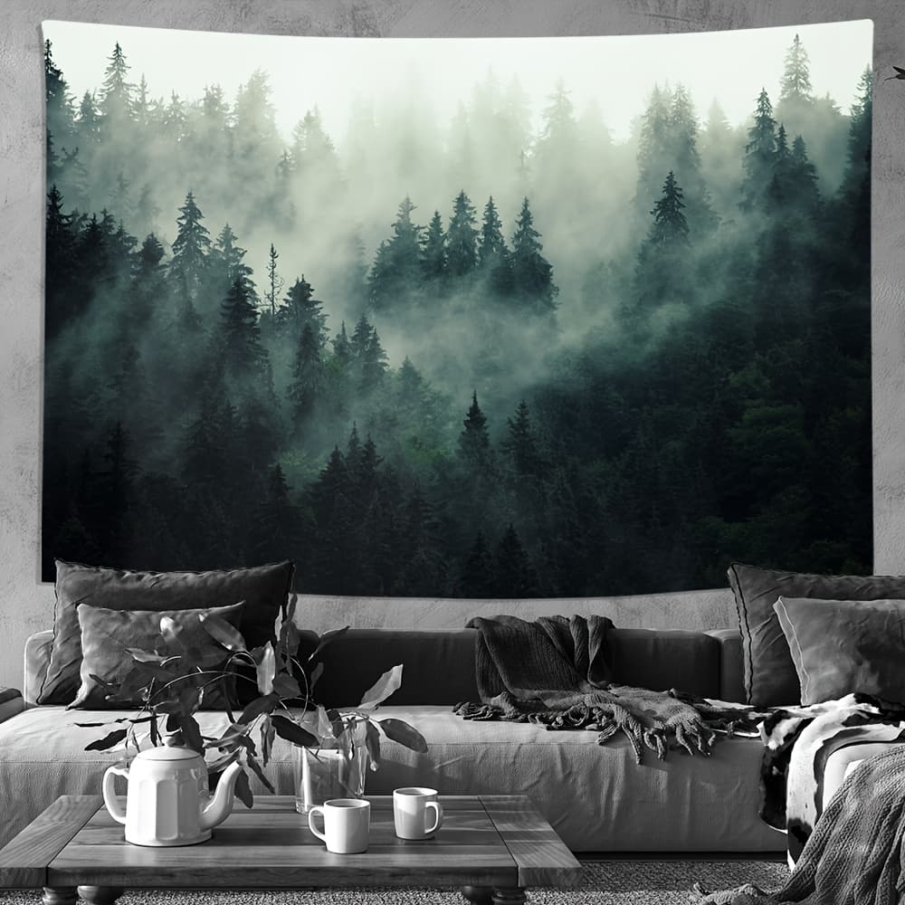 TEMU 1pc Misty Forest Tapestry, Nature Foggy Tree Polyester Backdrop, Wall Hanging For Living Room Bedroom Office, Home Decor Room Decor Party Decor, With Free Installation