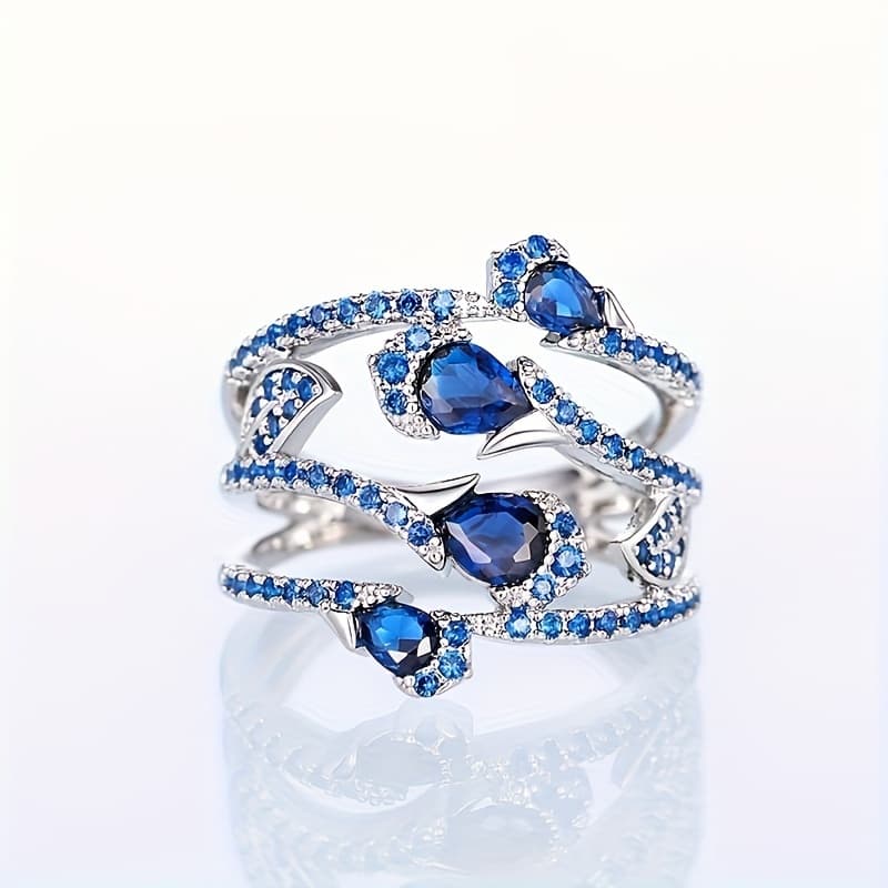 TEMU Chic Ring Multi Layer Design Blue Gemstone Match Daily Outfits Party Accessory Perfect Gift For