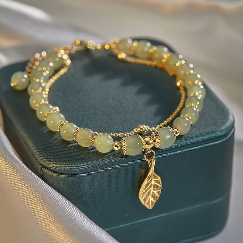TEMU Double-layer Green Beaded Bracelet With Charm, Elegant Jewelry For
