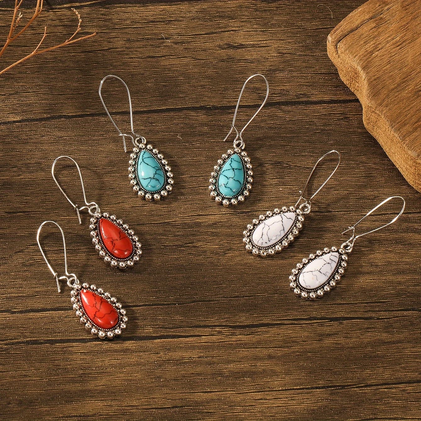 TEMU 6pcs New Hot Selling Bohemian Ethnic Style Turquoise Retro Geometric Water Drop Earrings Set Women's Fashion Vacation Jewelry