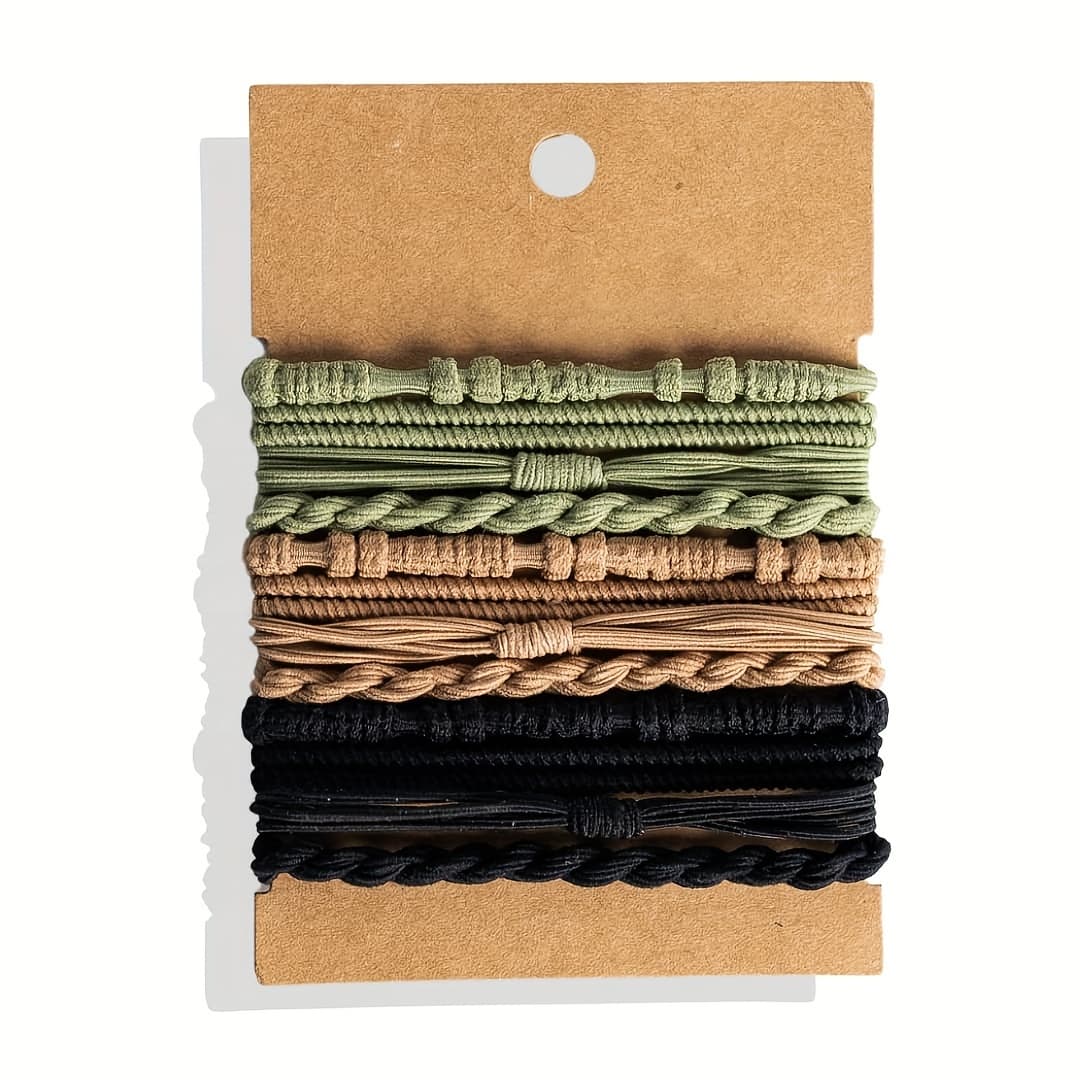 TEMU 12pcs Women's Bohemian Style Hair Bands And Bracelets, Damage-free Ponytail Holders, Hair Rings And Bracelets, Solid Color Jersey Material, Bohemian Style