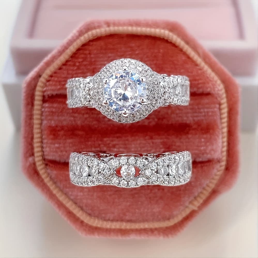 TEMU Fashion Wedding Ring Micro Pave Synthetic Zirconia Engasynthetic Gemstoneent Rings 2pcs Set
