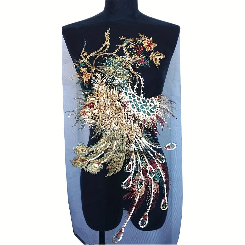 TEMU 1pc Sequin Embroidered Peacock Phoenix Cloth Patch Evening Dress Wedding Dress Clothing Accessories