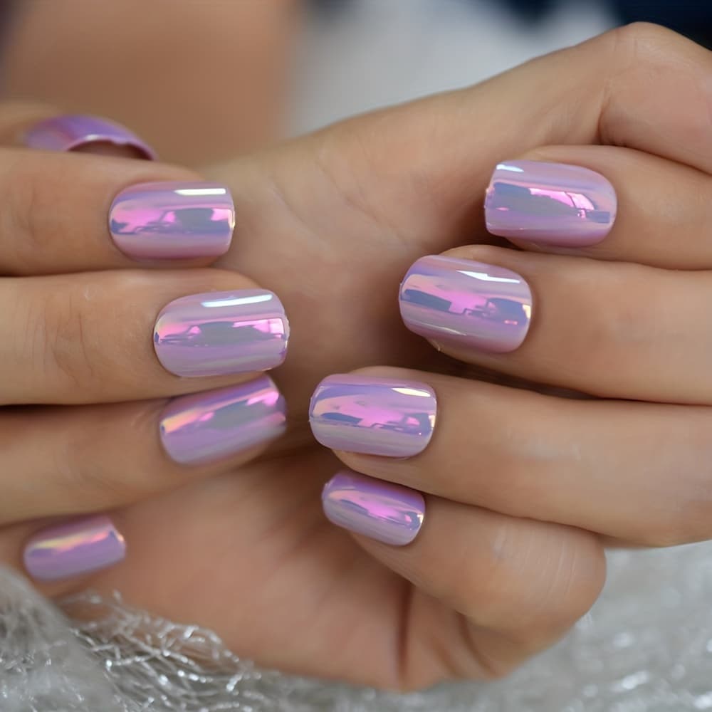 TEMU Short Manicure Solid Color Purple Chrome Cover Design Press On Nail Tips Oval Short Fake Nails Art Thick Flase Nails For Manicure At Home