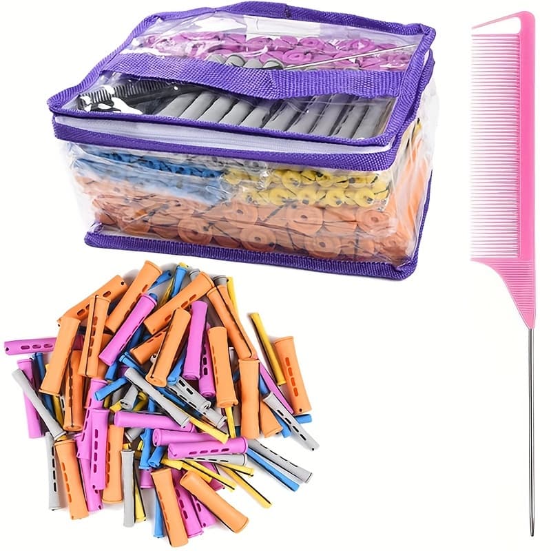 TEMU 100pcs Natural Hair Perm Rod Set 5 Size Rods Women Hair Curlers Medium And Long Hair Curlers Styling Hairdressing Tools (20 Orange + 20 Purple + 20 Gray + + 20 Yellow)