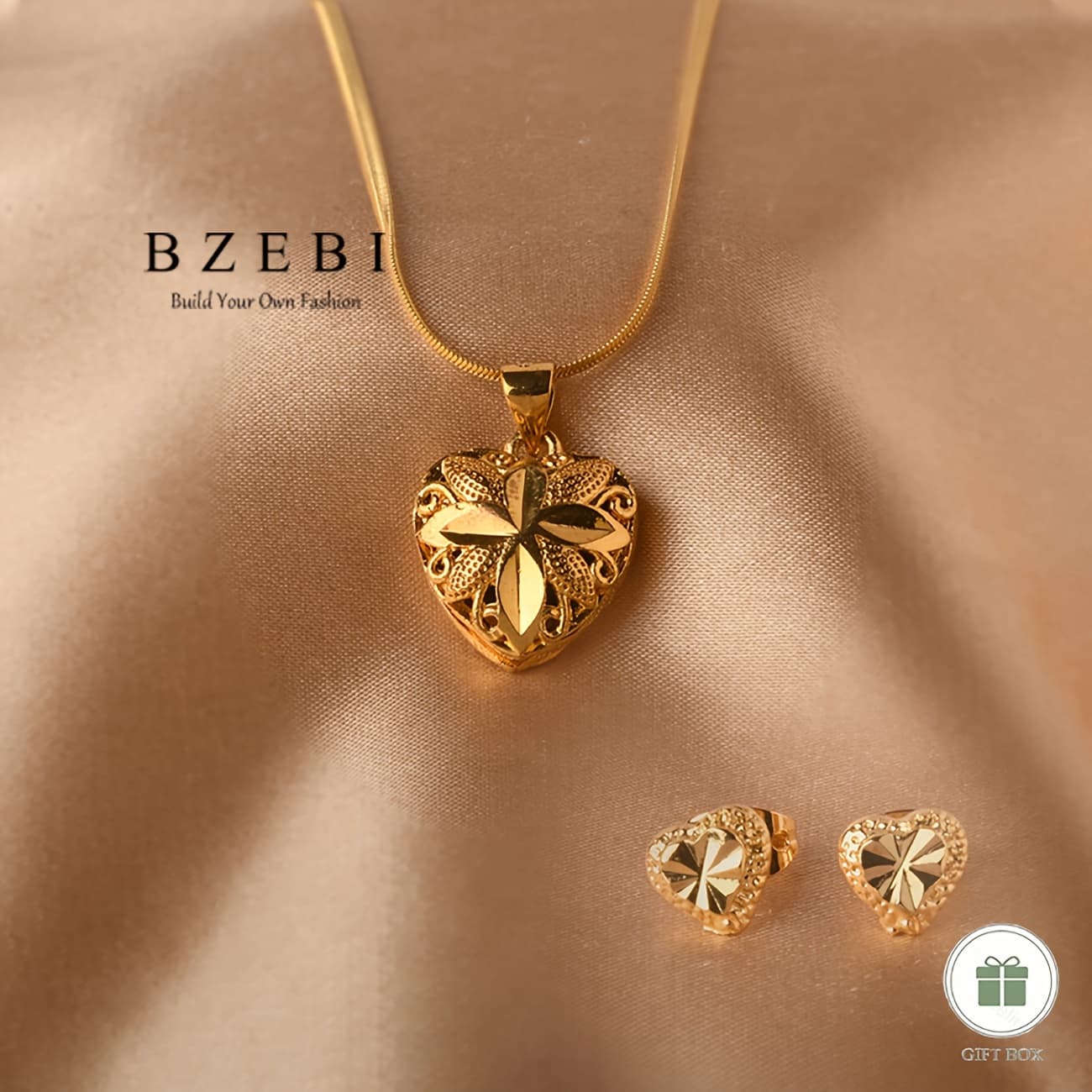 TEMU 18k Gold Plated 2pcs Heart Jewelry Set Necklace And Earrings, Fashion Simple Women's ' Birthday Christmas Valentine's Day Adjustable Gift With Gift Box 379n+328e