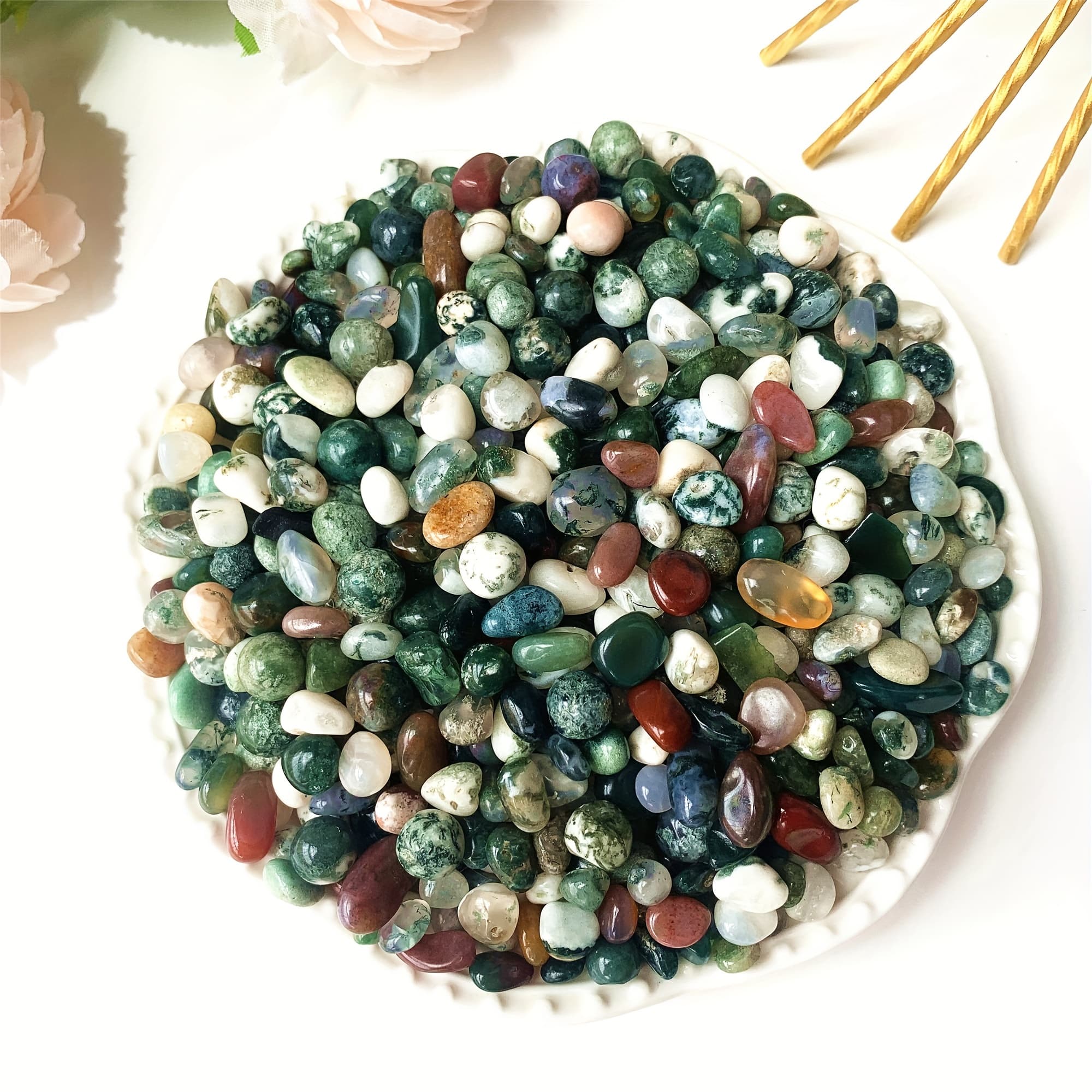 TEMU 100g Natural Moss Agate Crystal Crushed Stone Polished Stone For Indoor Plants, Fish Tank Fillers, Flower Pots Fish Tank Decorative Stones, Jewelry Making, Bottles, Home Decoration.