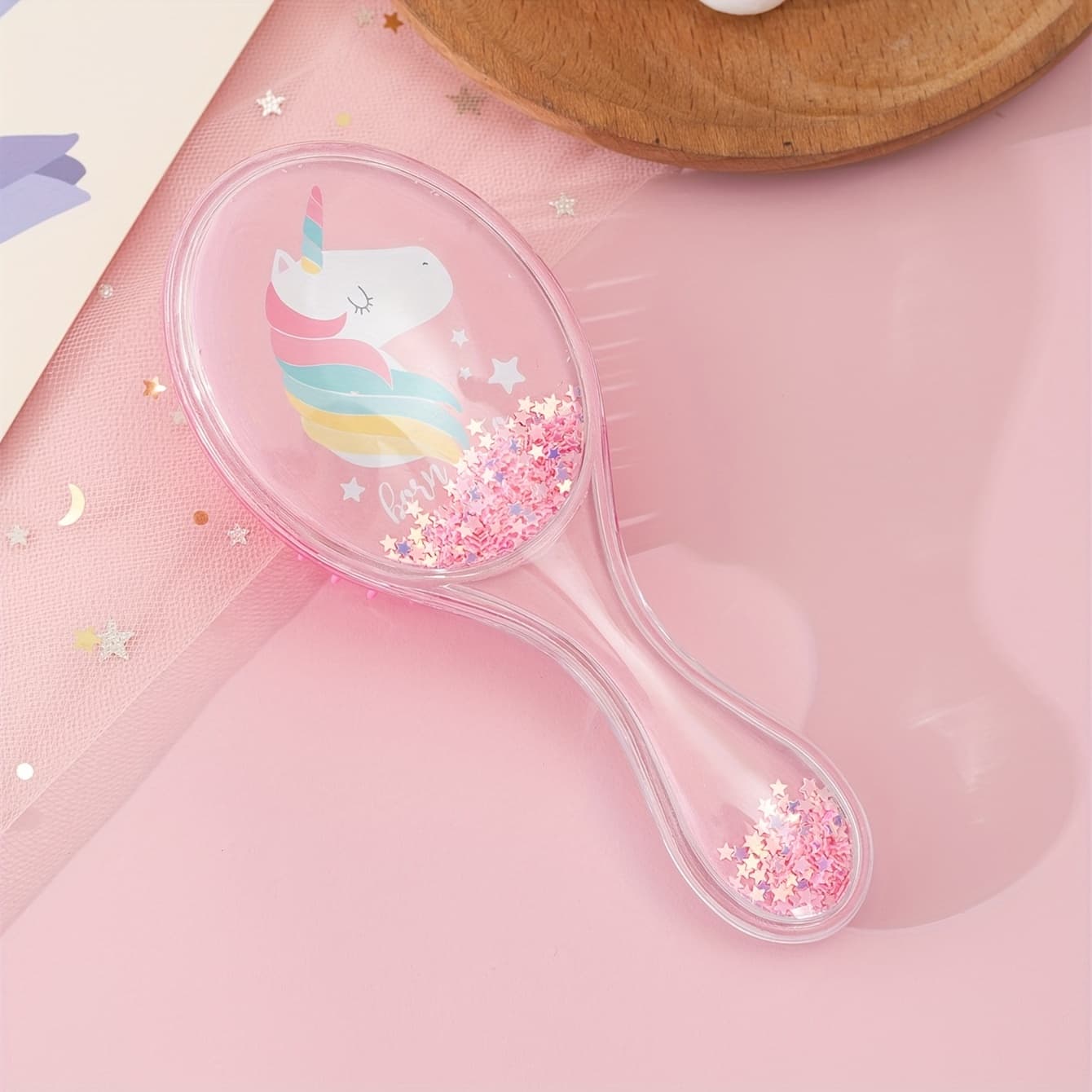 TEMU Oval Shape Pink Cute Unicorn Multicolor Sequined Hair Comb 1pc