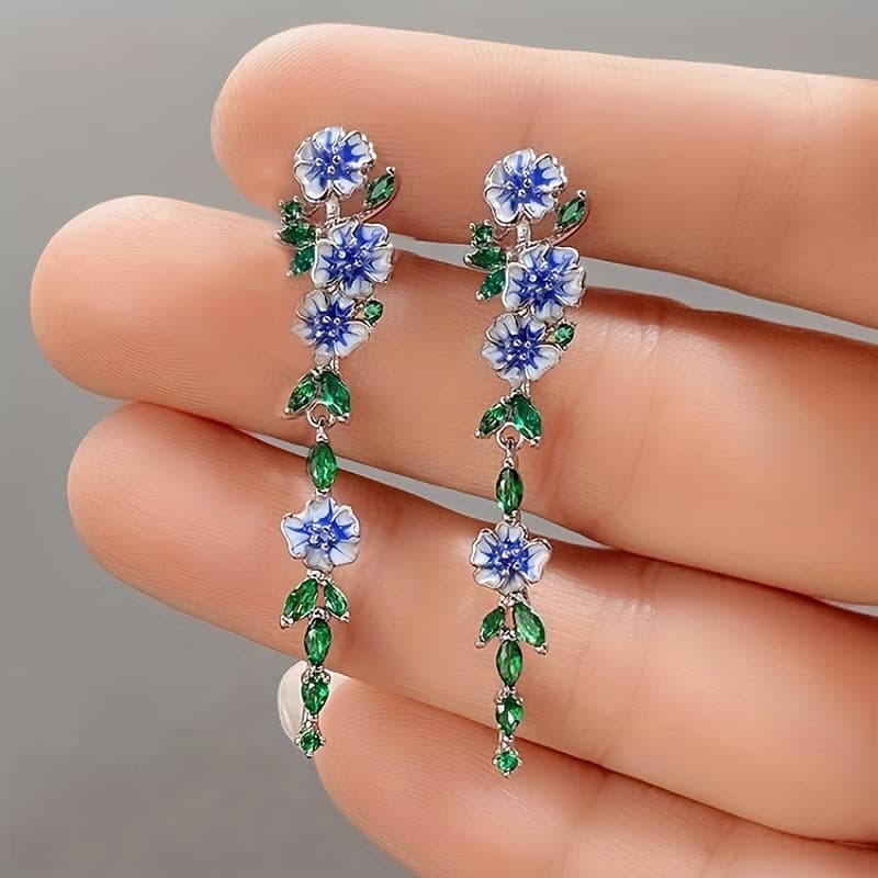 TEMU Flower Chain Design With Emerald Synthetic Zirconia Decor Elegant Cute Dangle Earrings Jewelry Exquisite Female Gift