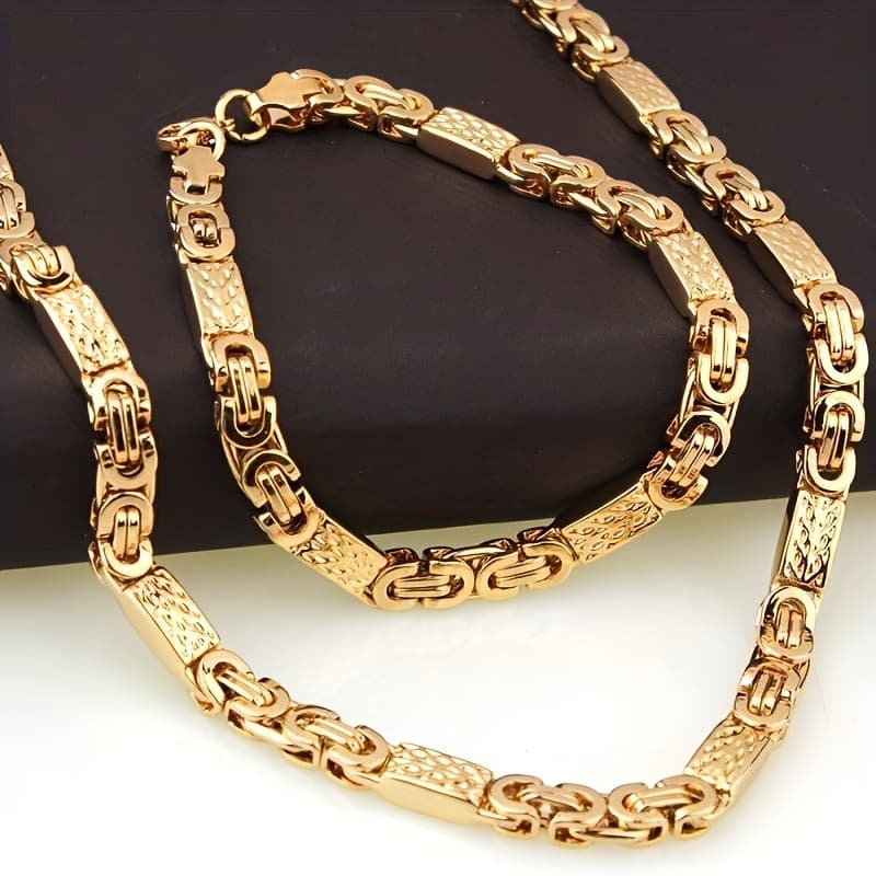 TEMU 6mm Men's Minimalist 304 Stainless Steel Flat Link Necklace + Bracelet Set 8