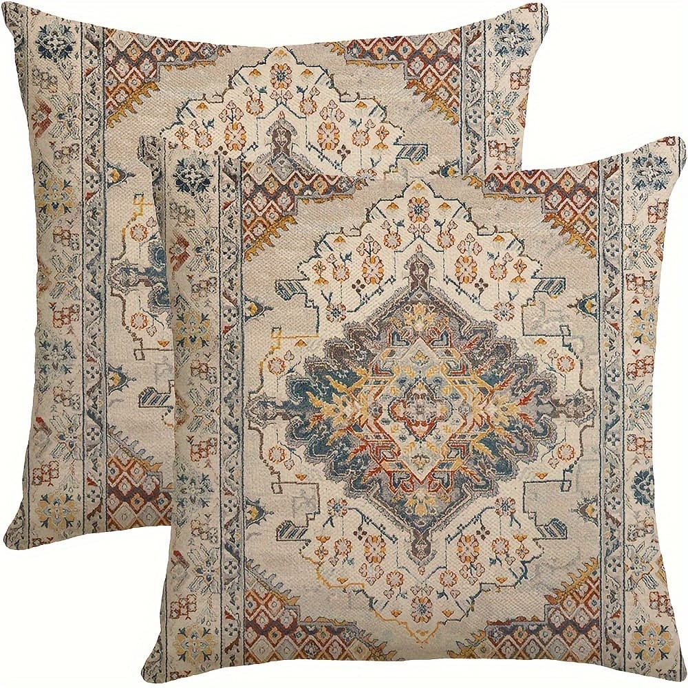 TEMU 2pcs Boho Pillow Covers 18x18 Inch Set Of 2, Carpet Pattern Throw Pillows Case, White Ethnic Design Outdoor Decorative Square Polyester Farmhouse Decor Cushion Covers For Home Sofa Bed Couch