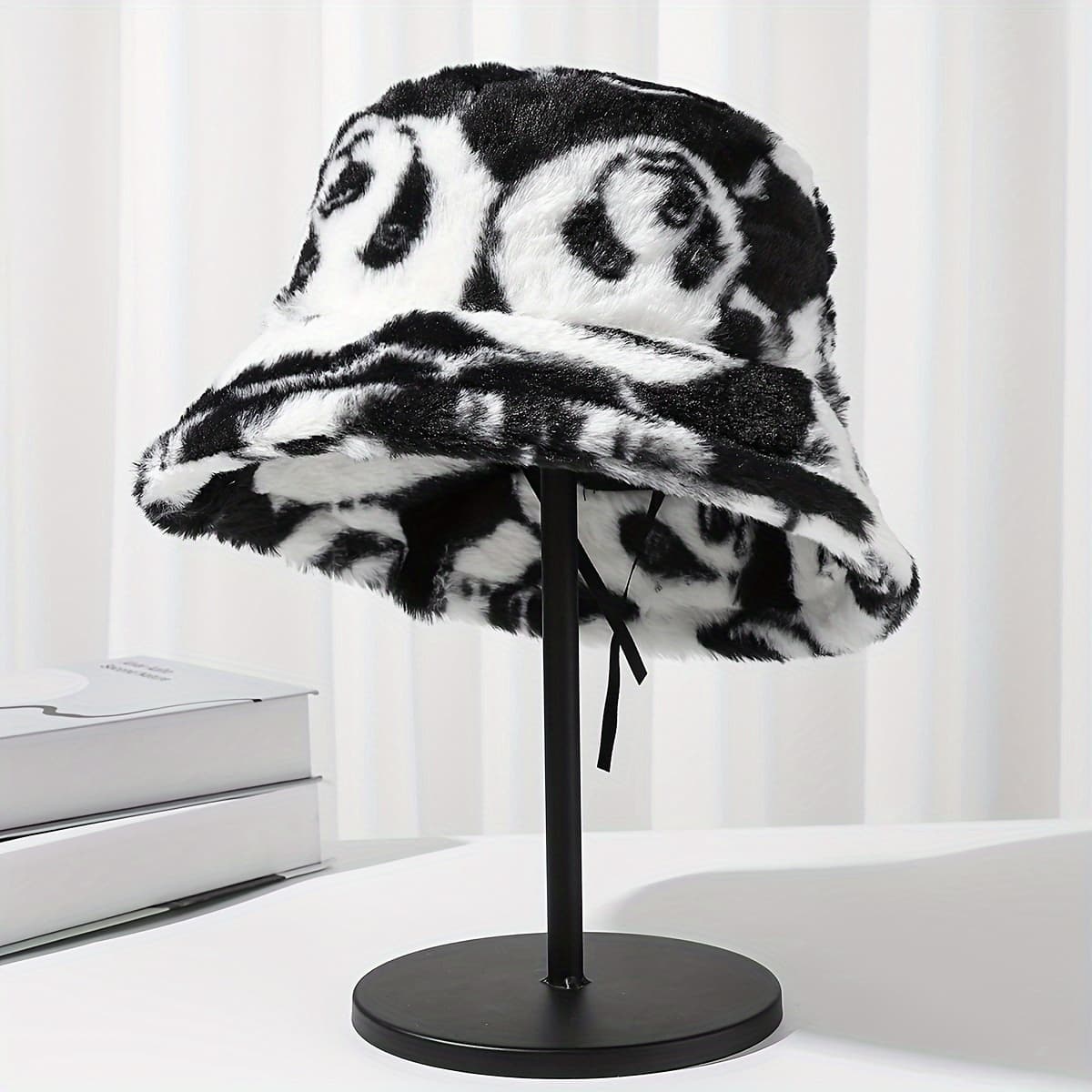 TEMU A Unisex Black And White Cartoon Printed Cute Panda Tie-dye Thick Plush Warm Ear Protection Hat, Basic Retro Fashion Versatile Bucket Hat For Autumn And Winter