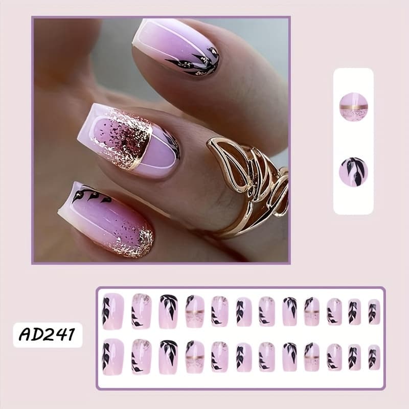 TEMU 24pcs Glitter Leaf Gradient Press-on Nails, Medium Length Summer Fall Leaves False Nails With Jelly Glue & Nail File – Trendy In-style Artificial Nails