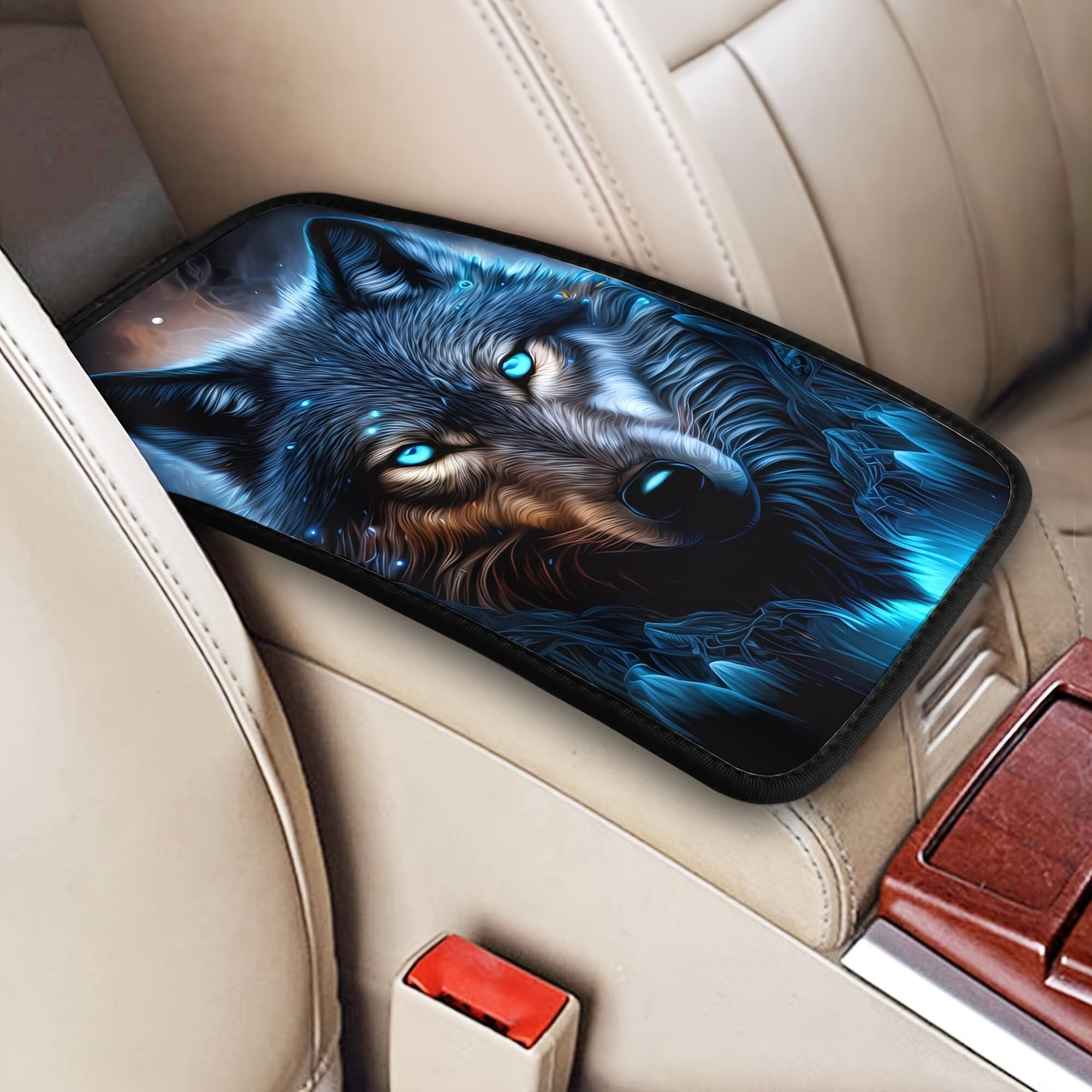 TEMU 1pc Beautiful Blue Fireworks Wolf King Control Cover, Car Armrest Box Pad Protective Pad, Car Armrest Storage Box Cover Pad