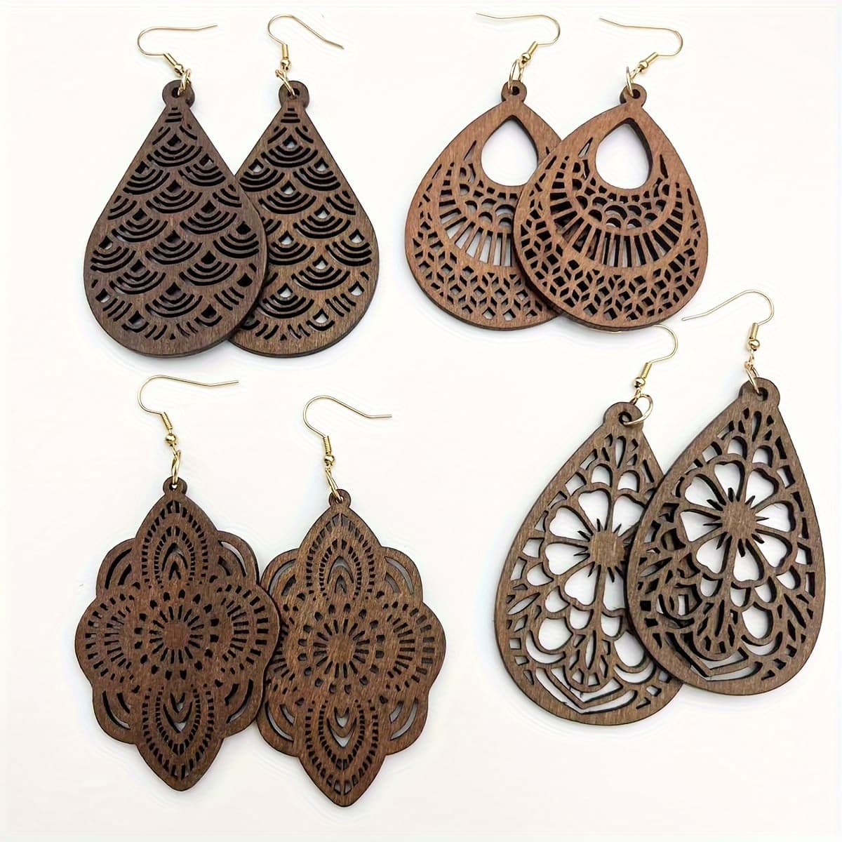 TEMU 4 Pairs/1 Set Wooden Vintage Hollow-out Floral Pendant Earrings Set