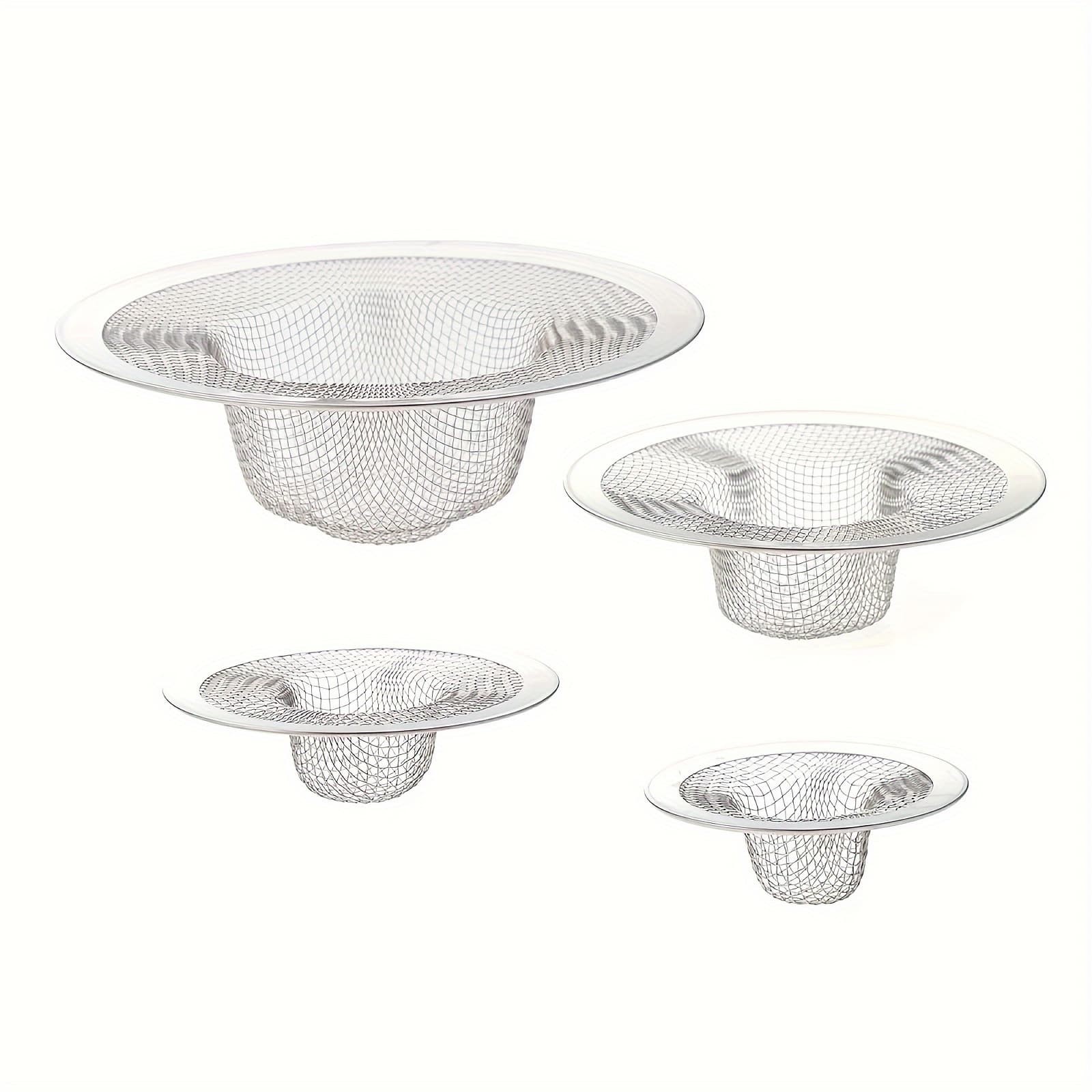 TEMU 4pcs Shower Hair Filter Mesh, Bathroom Tub Mesh Strainer, Kitchen And Bathroom Sink Strainer, Stainless Steel Dirt Basket Strainer, 4.4", 3.6", 2.9" And 2.1"