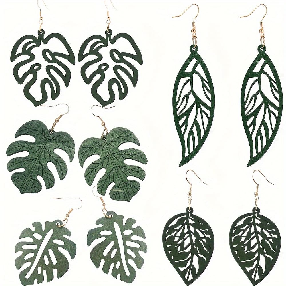 TEMU 5-pair/1-set Bohemian Style Leaf Pendant Earrings Set