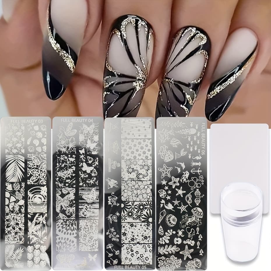 TEMU Set Of 4 Nail Stamping Plates With Stamper Featuring Summer Leaves, Butterflies, Daisy Flowers, And Jellyfish Designs For Nail Art