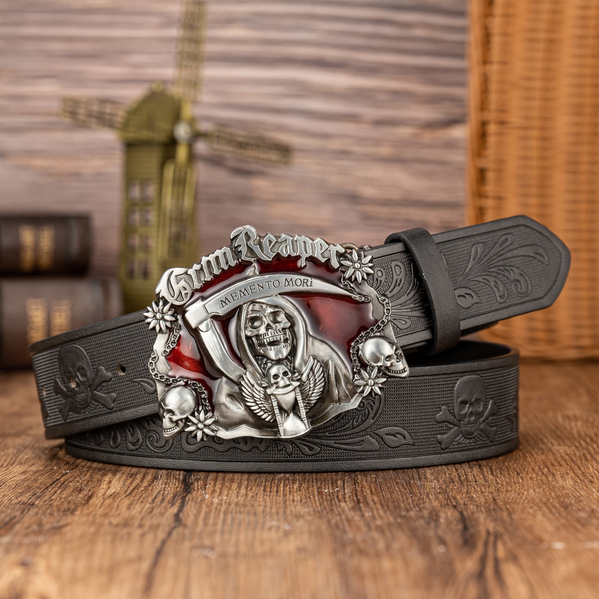 TEMU Red Base Skull Head Large Plate Individual Fashion Halloween All-match Skull Head Pu Embossed Faux Leather Belt Men's Belt