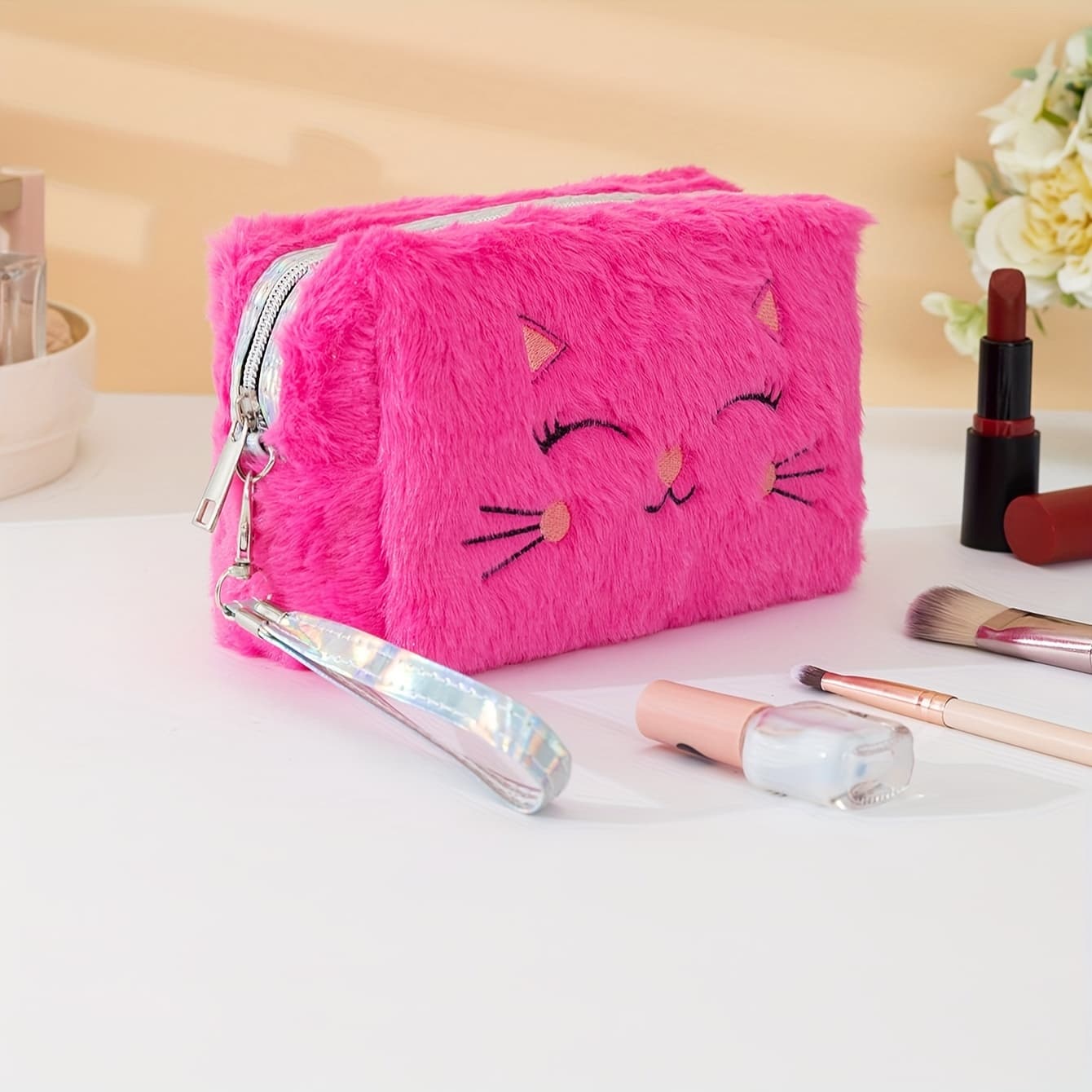 TEMU Chic Kitty Cartoon Makeup Bag - Spacious & Soft Plush With Zipper, Portable For Women