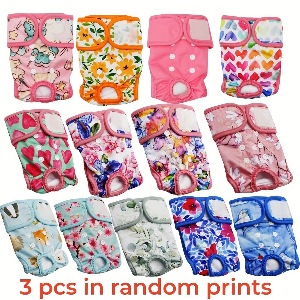 TEMU 3pcs Random Prints Cute Cartoon Graphic Washable Female Dog Diapers Reusable High Absorbency Leak-proof Puppy Diapers Girl Dog Diapers