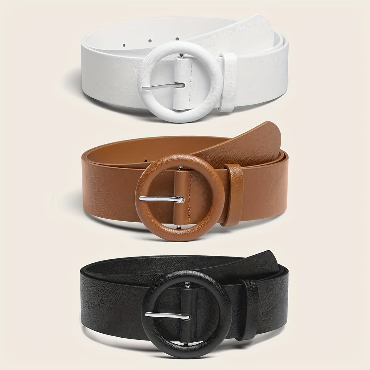 TEMU Chic Women's 3pcs Belt Set In White, - Versatile Fashion Accessory For Coats And Dresses, Zipper Belt, Coat Dress