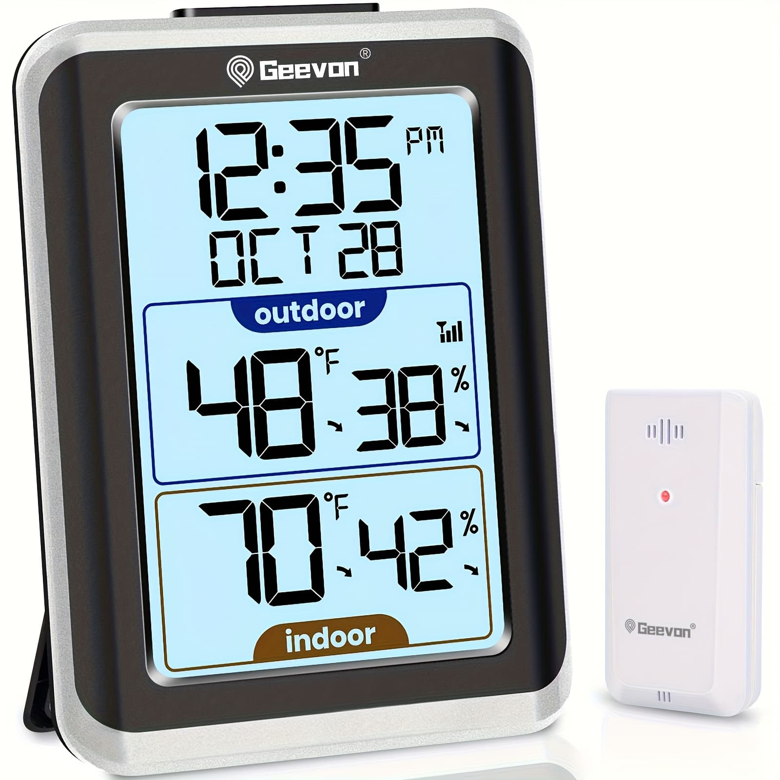 TEMU Geevon Wireless Digital Thermometer And Hygrometer With Time - Indoor/outdoor Use, Dual Scale (/), High-precision Temperature And Humidity Monitor, Wall-mountable