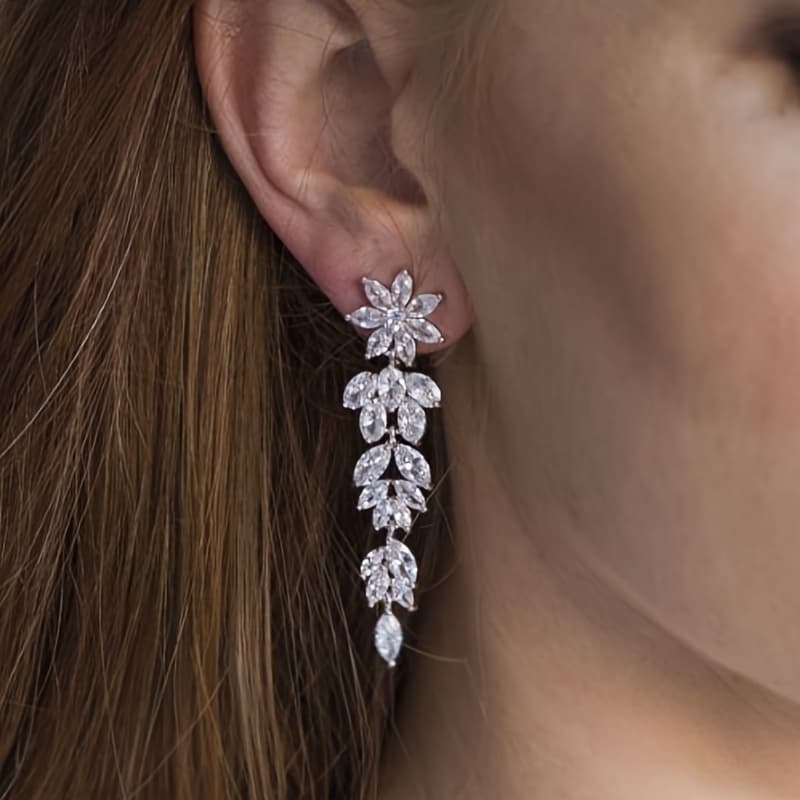 TEMU Luxurious And Sparkling Zirconia Flower Bridal Earrings For Engagement, Elegant Ladies' Party And Casual Daily Accessories