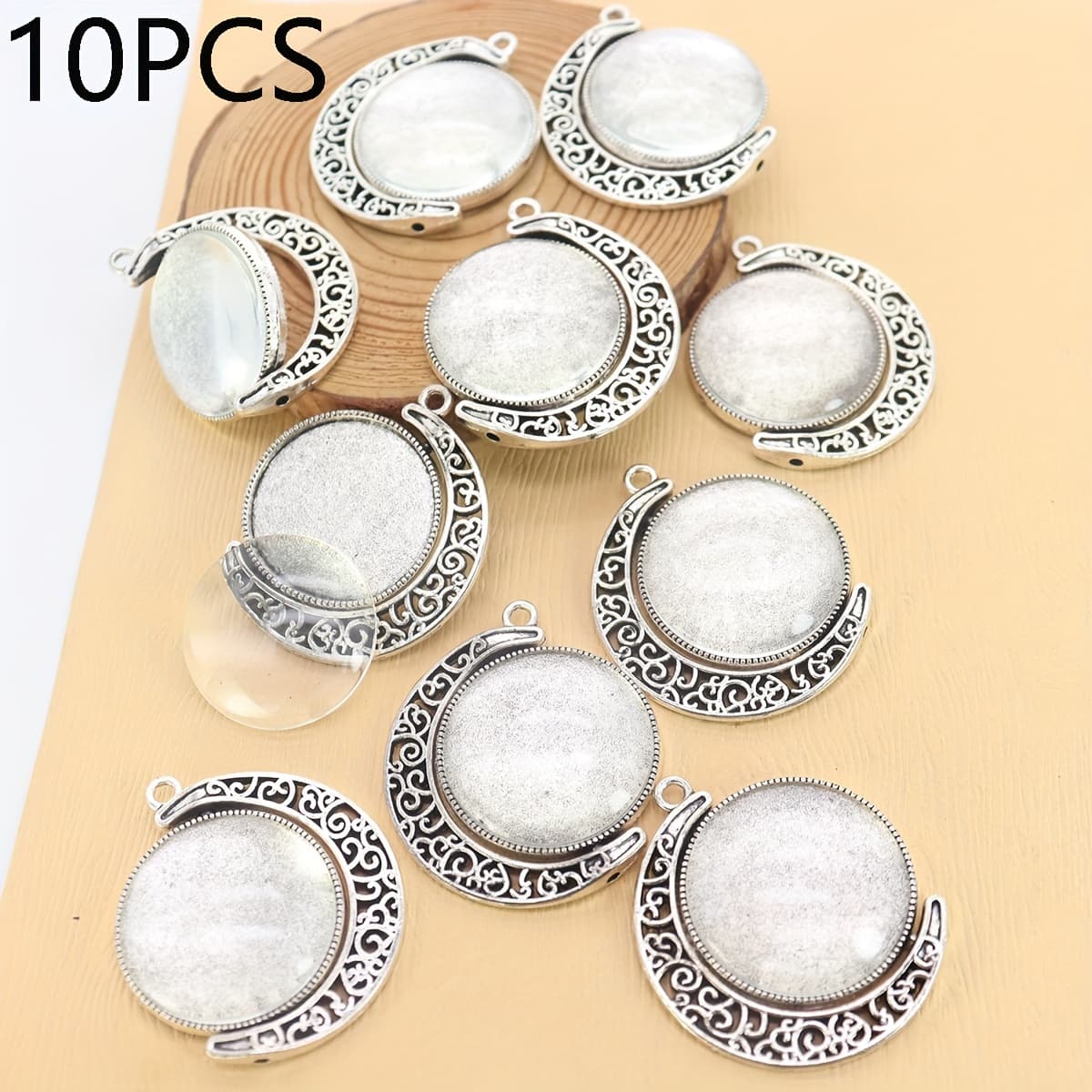 TEMU 10 Retro Double-sided Lace Moon Rotating Bases With 20 Transparent Glass Dome Covers For Ramadan Festival Decorations, Diy Necklace/keychain Jewelry Making