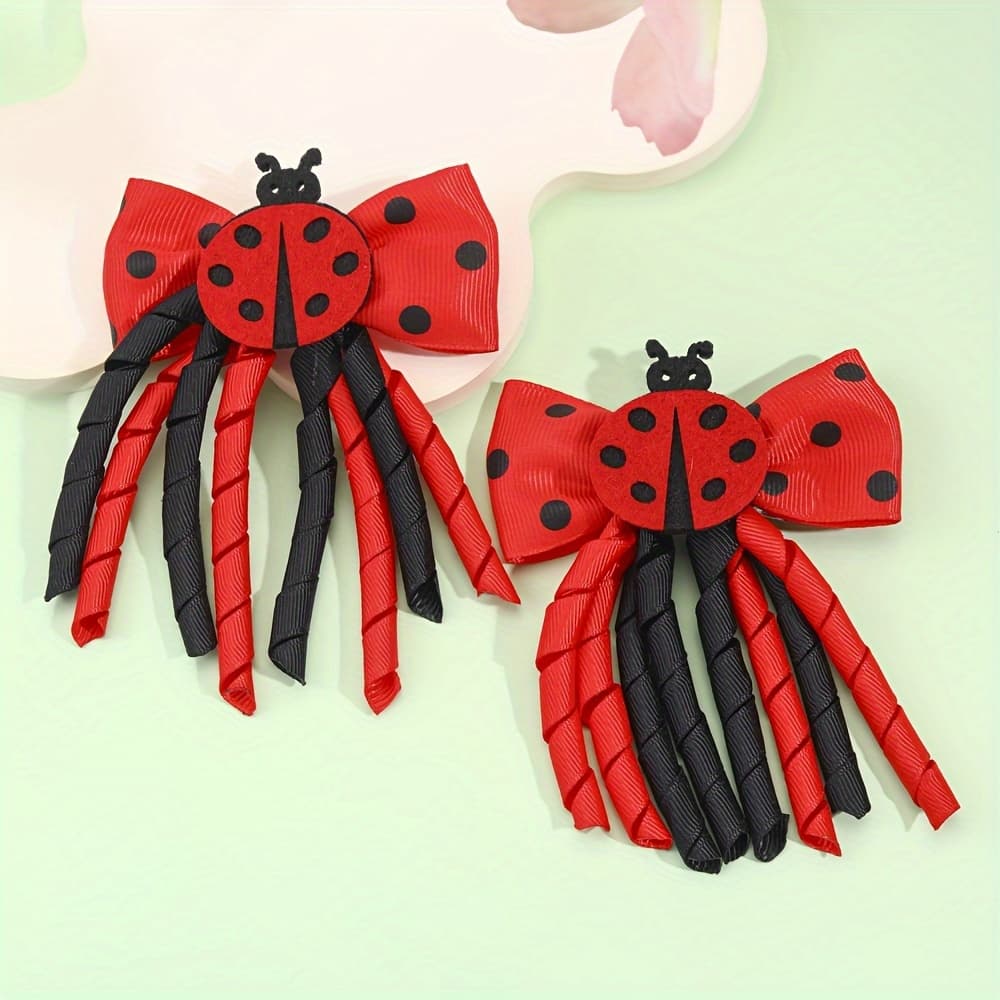 TEMU 2pcs Adorable Ladybug Hair Bow Clips For Little Cartoon Animals Style Curly Ribbon Bow Non-slip Alligator Clips Creative Hair Accessories For Little