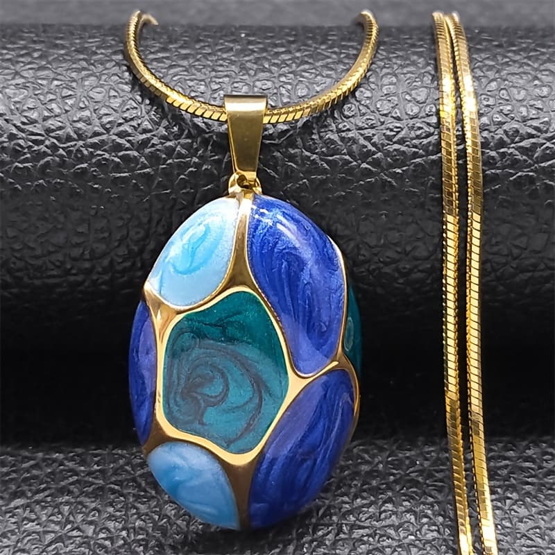TEMU Geometric Oval-shaped Colorful Enamel Pendant Necklace For Women, Stainless Steel Golden Necklace Jewelry Gift Nzzzs04