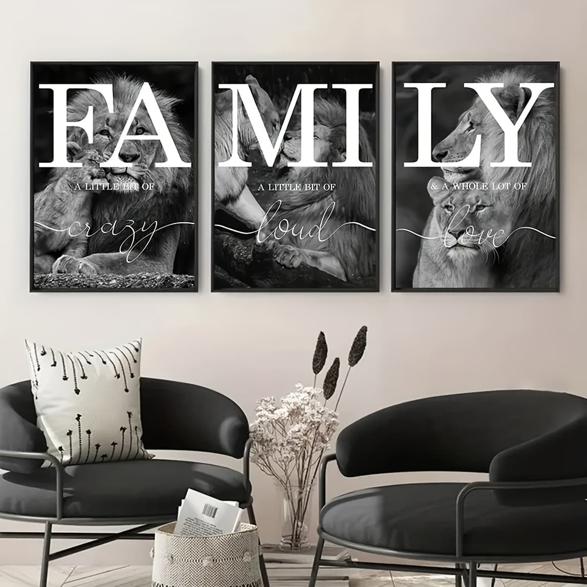 TEMU 2d Flat, 2d Flat, 3pcs Black And White Lion , Home Logo Oil Paintings, Posters And Prints, Animal Wall Art, Living Room Decoration, Bedroom Home Decoration Pictures Without Frames