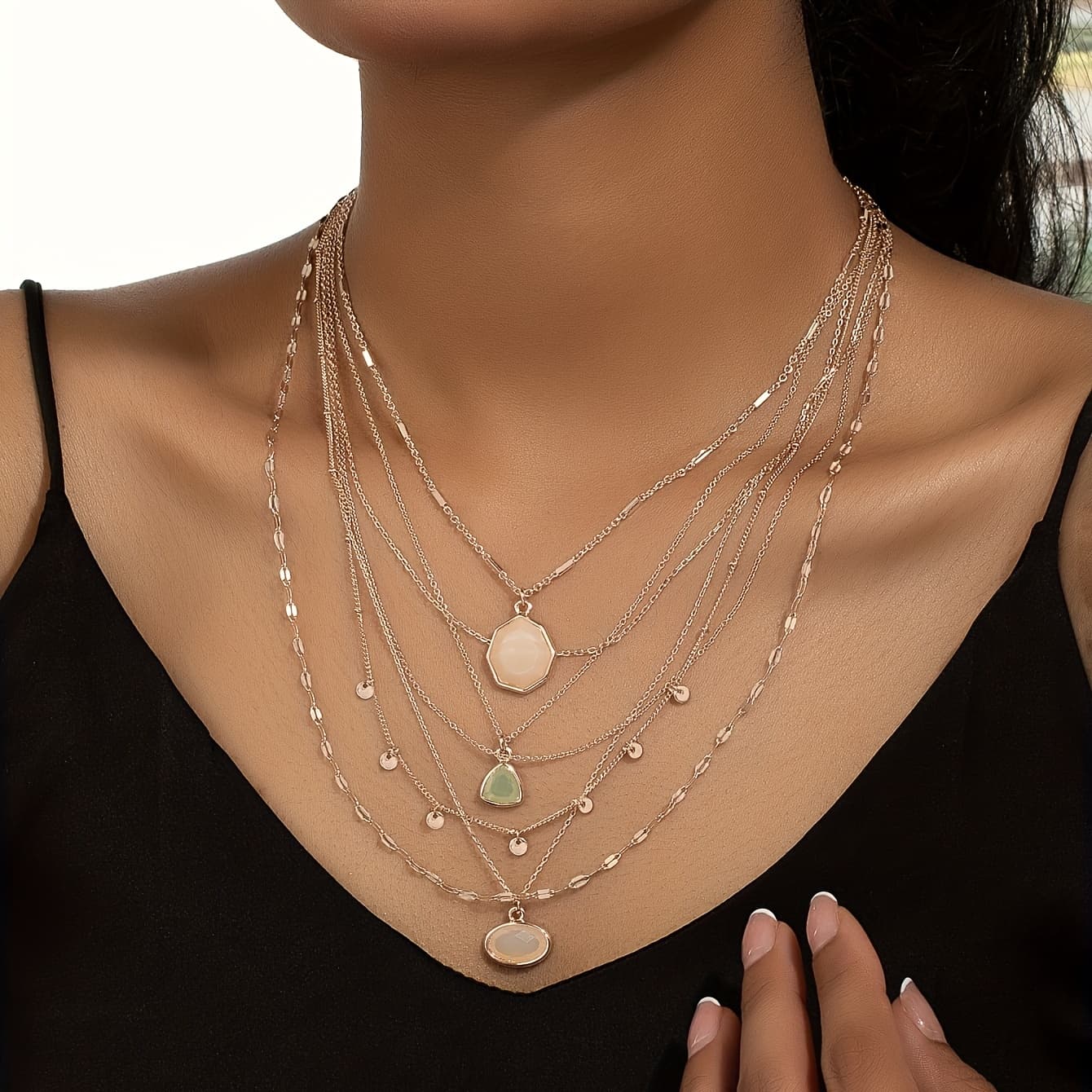 TEMU 1 Bohemian Style Chain With Multiple Pendants -layer Combination Women's Necklace Suitable For Vacation Parties And Daily Wear