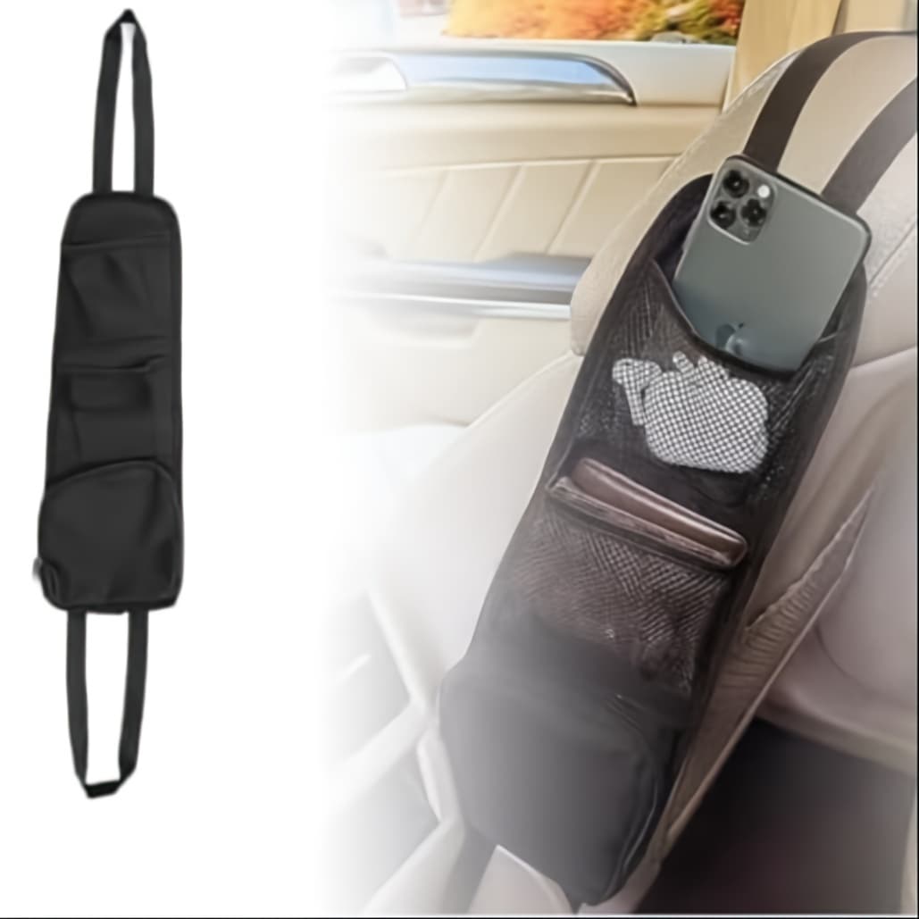 TEMU Black Multi- Seat Organizer With Mesh Pockets - Versatile Hanging Storage For Phones, Wallets, Glasses - Durable Polyester, Hand Or - Fits Cars, Suvs, Trucks