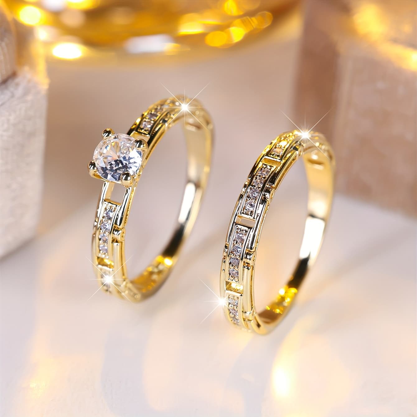 TEMU Flash Synthetic Synthetic Zircon​​ 2pcs Men's Wedding Ring Exquisite Temperament Couple Pair Rings Gift For Mom Elders' Luxurious Elegant Jewelry Set