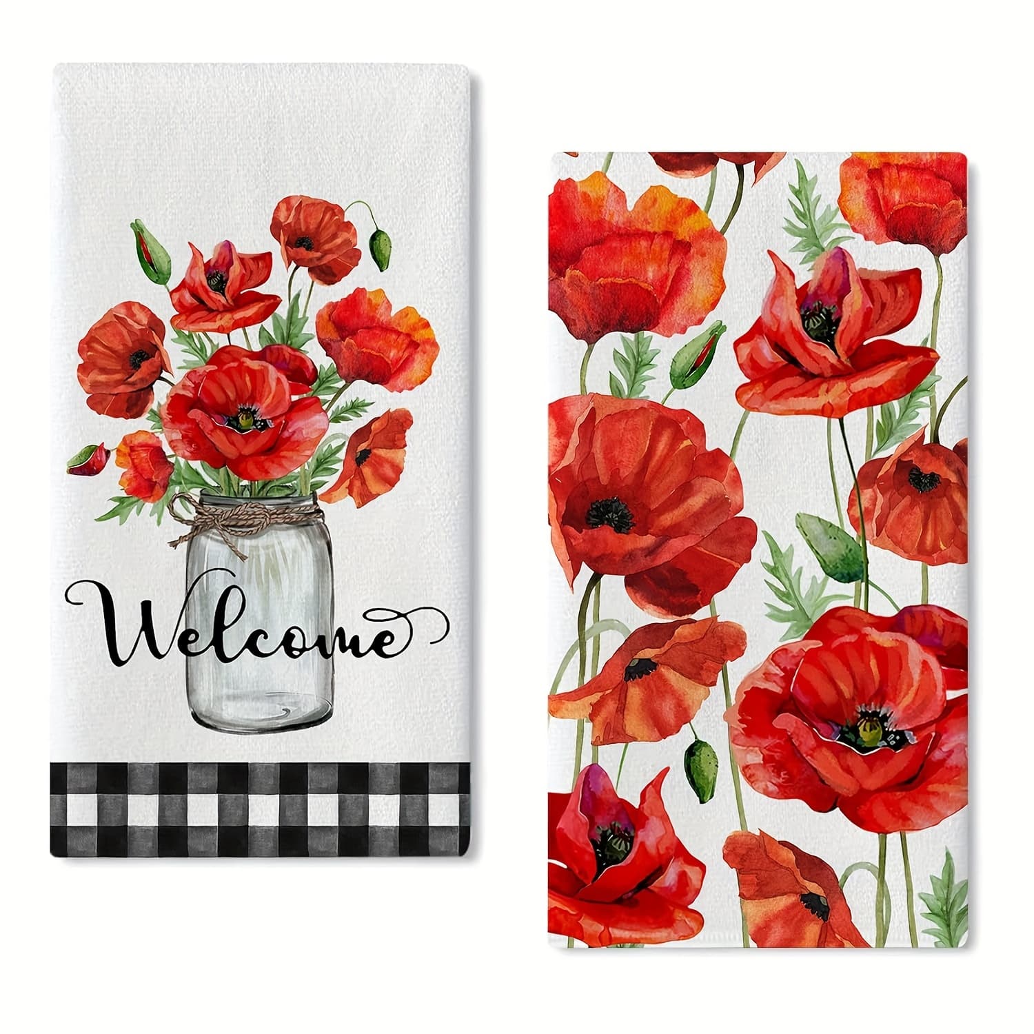TEMU 2pcs, Welcome Spring Poppy Flower Kitchen Dish Towel Set Of 2, Red Floral Hand Towel Check Drying Baking Cooking Cloth, Watercolor Summer Seasonal Kitchen Decor 18x26 Inches