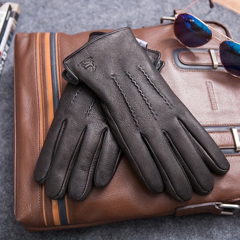 TEMU 1 Pair Of Deer Pattern Goat Thermal Lining Winter Men's Black Gloves, Business Fashion Style Outdoor Driving Goat, For Gift