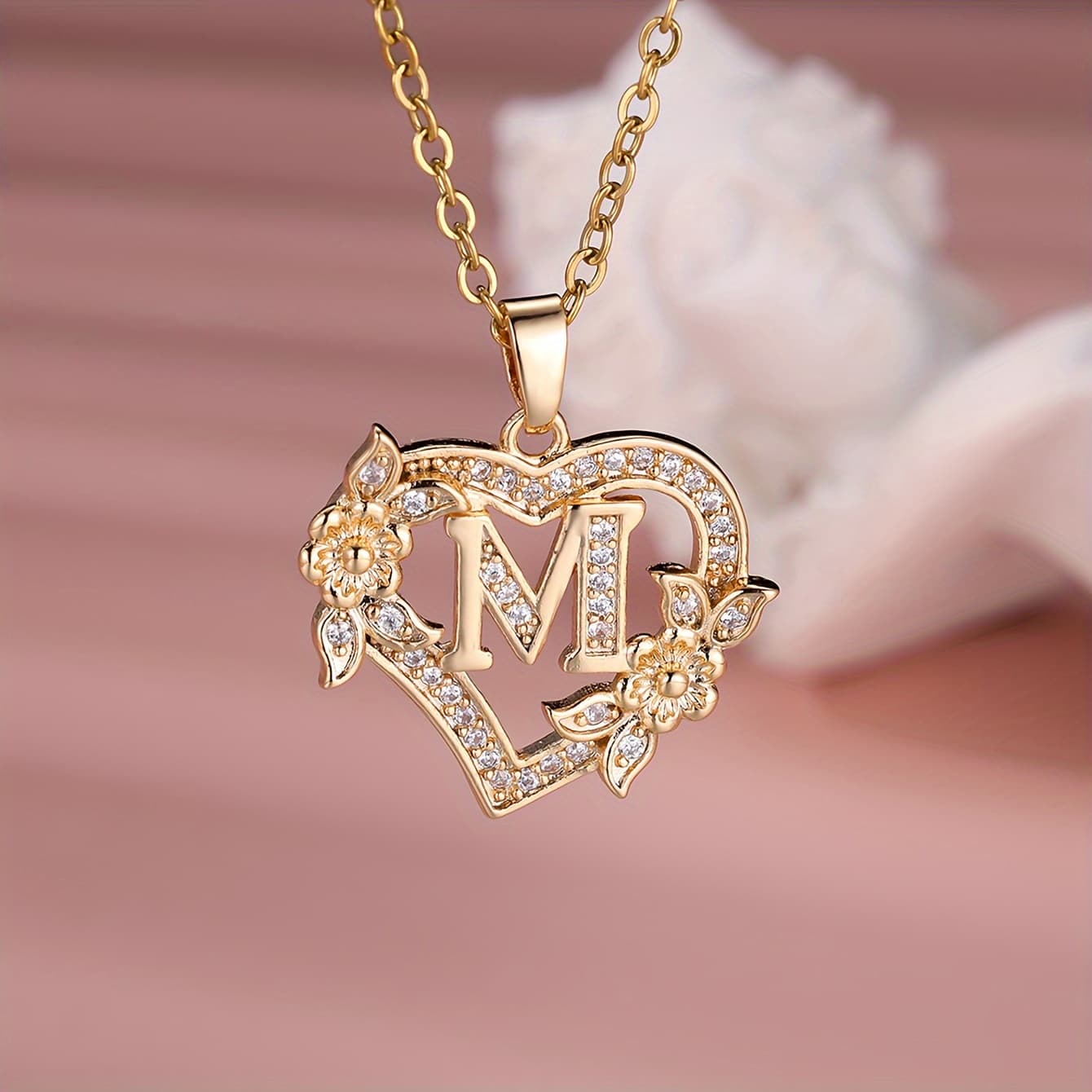 TEMU Elegant White Cubic Zirconia Heart-shaped 26 Letter Floral Pendant Necklace | 14k Golden Plated, Ideal For Valentine's Day Gift, Boho Style By Angol