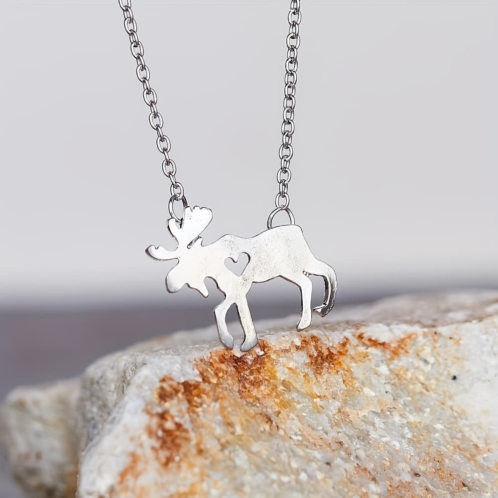 TEMU Creative New Hollow Heart Reindeer Shaped Pendant Necklace Individual Retro Women's Wear Pendant Daily Jewelry Match