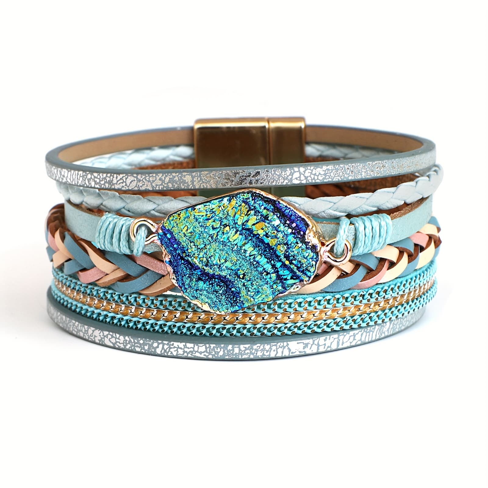 TEMU Bohemian Style Men's Faux Leather Bracelet With Colorful Resin Stones - Perfect Gift For