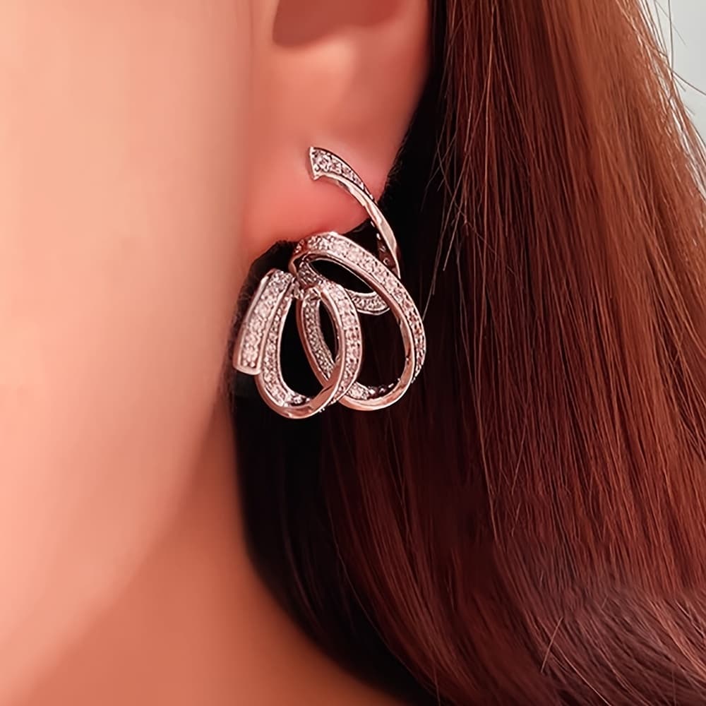 TEMU A Creative Ribbon-wrapped Design, Sparkling Zirconia Earrings For Ladies, Weddings, Engagements, Parties, And Valentine's Day Gifts.