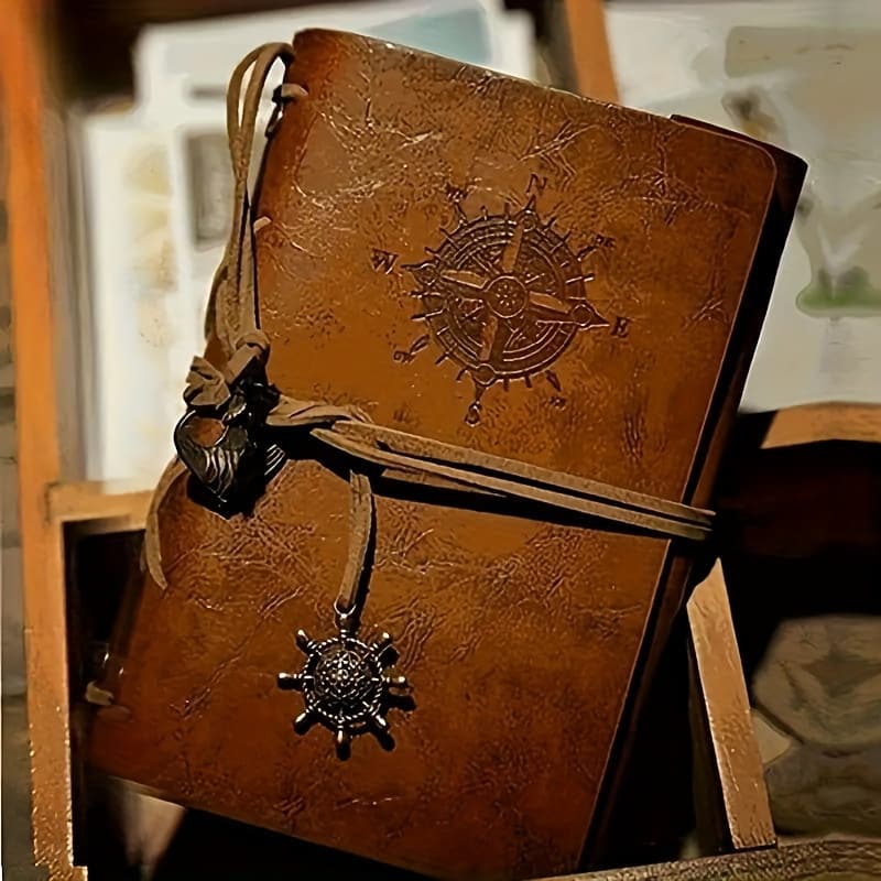TEMU Vintage Pirate-themed Spiral Ring Binder Journal - Faux Leather Cover With Compass & Steering Wheel Design, Nautical With Lanyard Closure